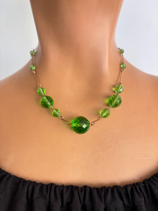 1920s/30s Art Deco Green Glass Bead Necklace