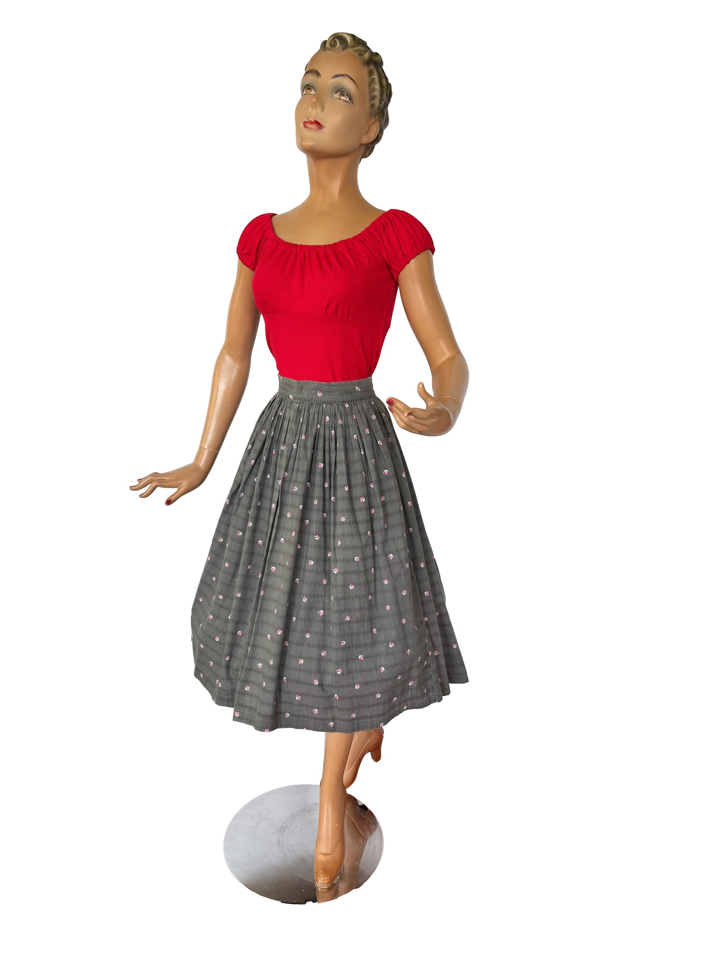 1950s Grey and Pink Flowers Skirt  |  S/M