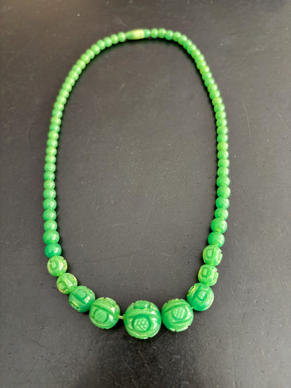 Art Deco Green Carved Early Plastic Bead Necklace 1930s