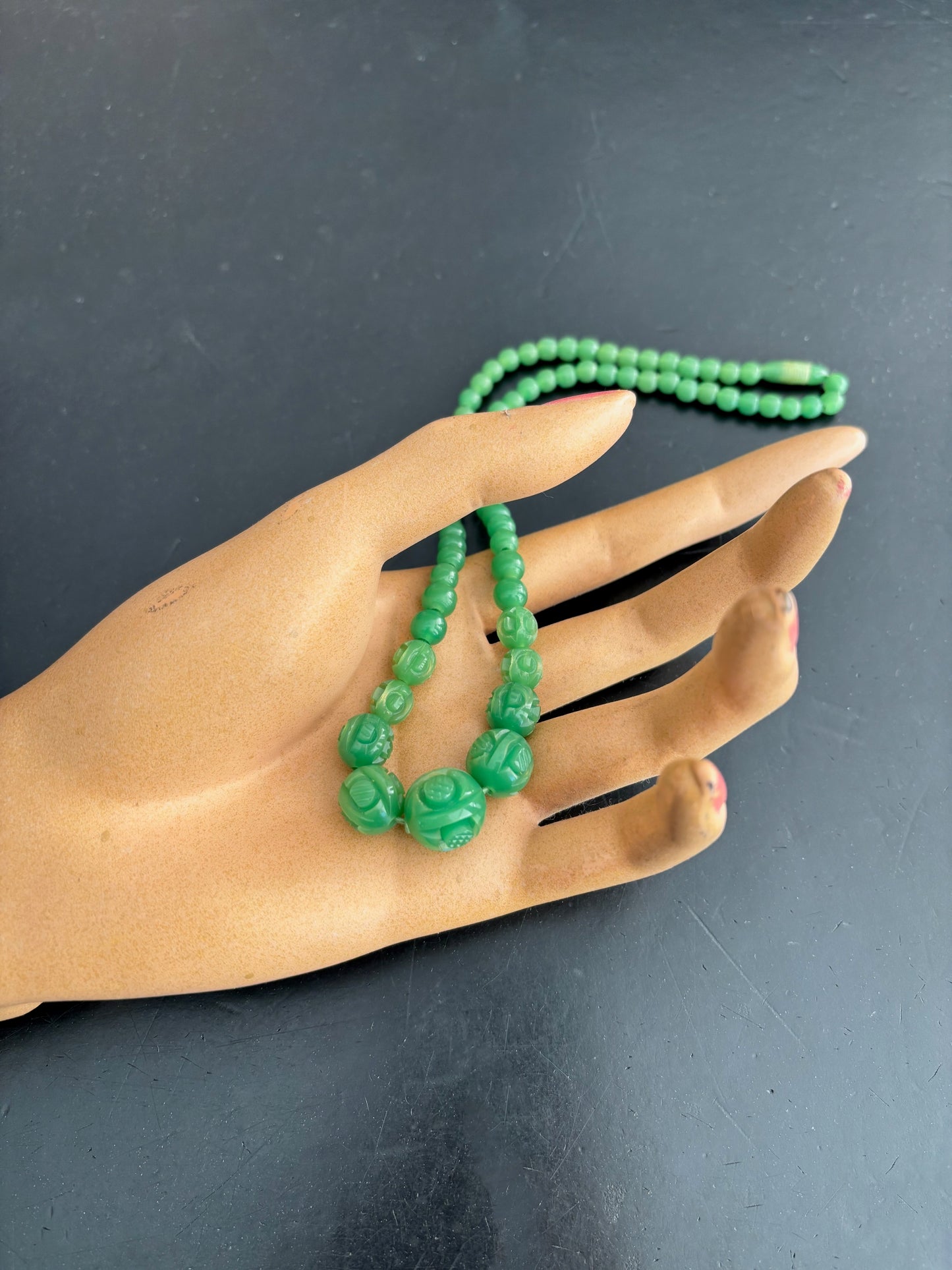 Art Deco Green Carved Early Plastic Bead Necklace 1930s