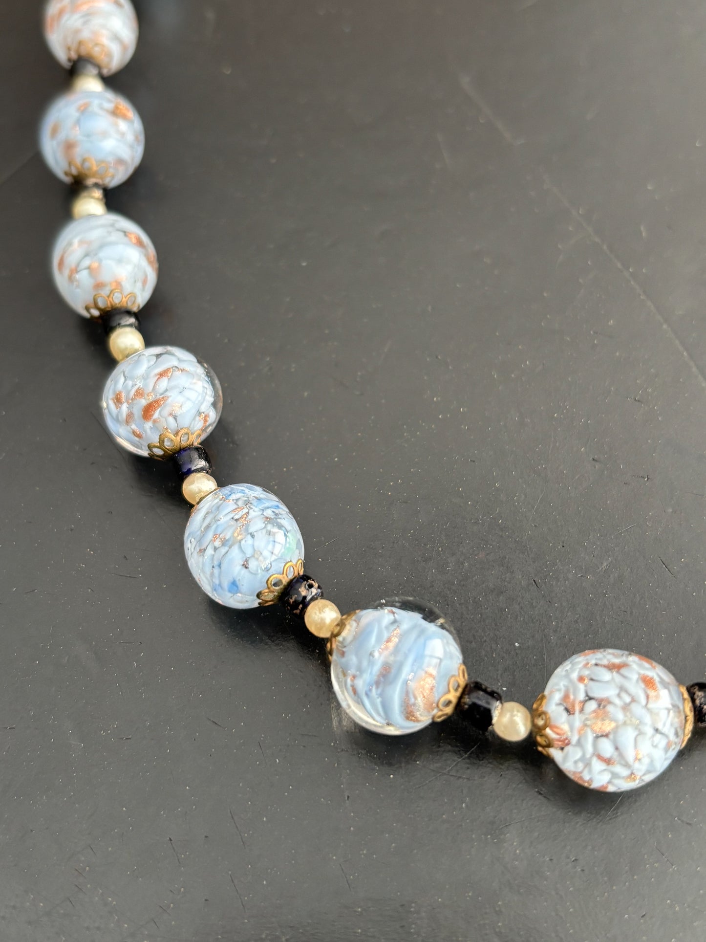 Art Deco Baby Blue and Gold Aventurine Glass Necklace 1920s/30s