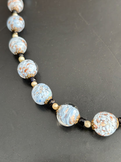 Art Deco Baby Blue and Gold Aventurine Glass Necklace 1920s/30s