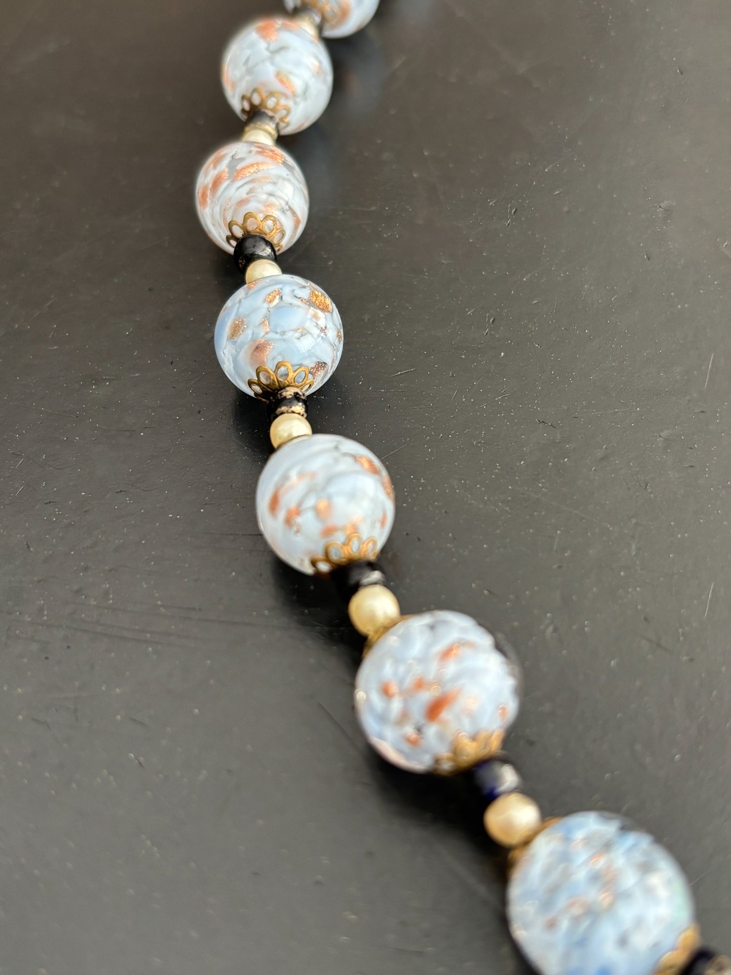 Art Deco Baby Blue and Gold Aventurine Glass Necklace 1920s/30s