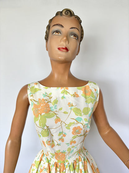 1950s Orange Flowers Dress | XS