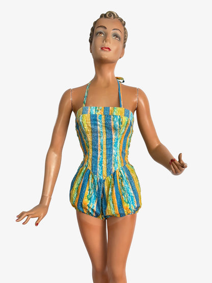 S | NOS 1960s Soleia Halter Swimsuit Cotton Print Puffed Shorts