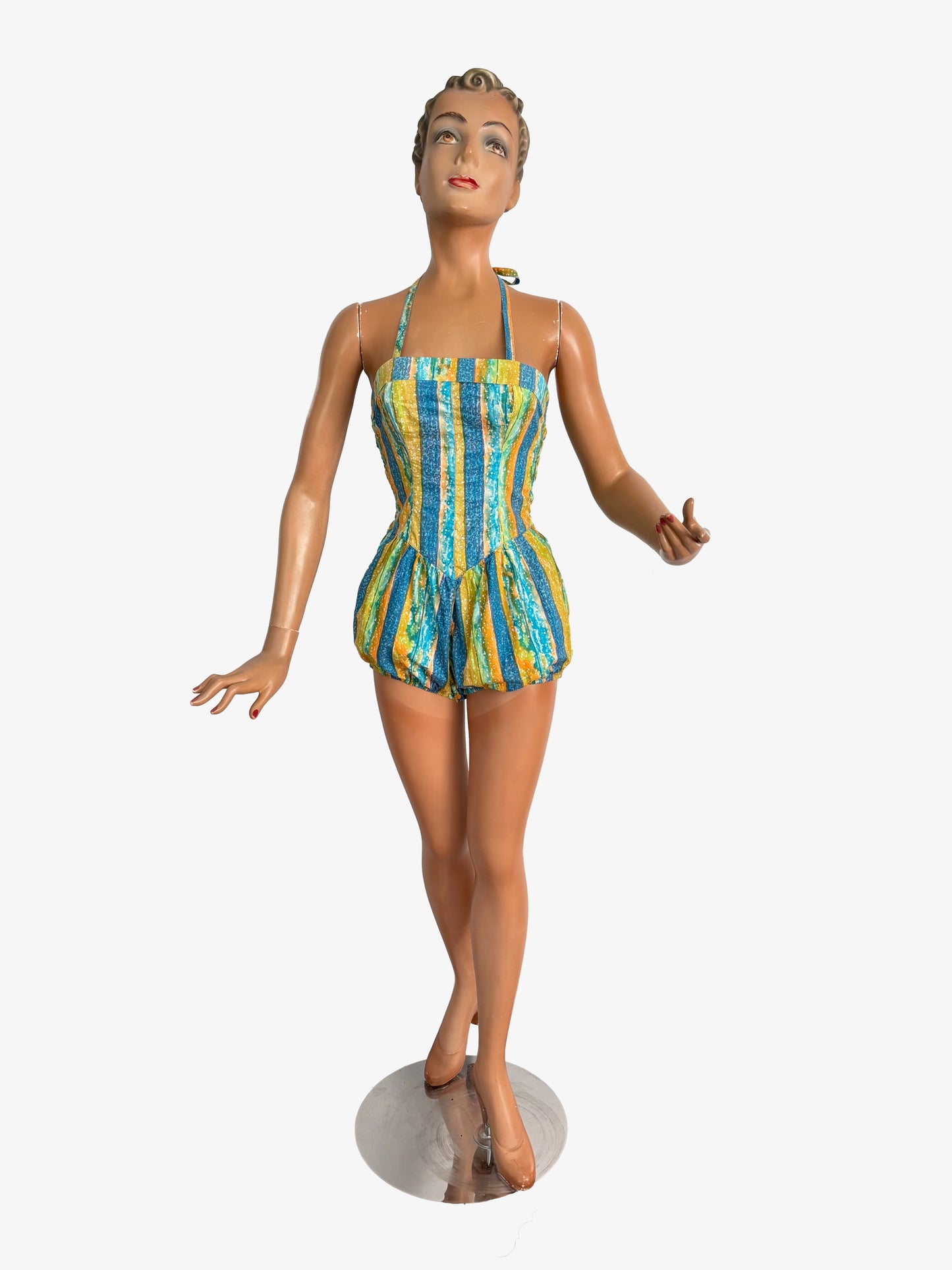 S | NOS 1960s Soleia Halter Swimsuit Cotton Print Puffed Shorts