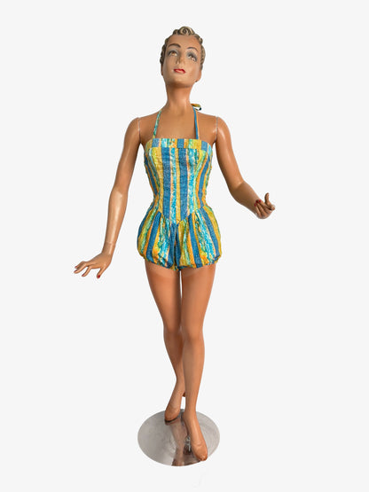 S | NOS 1960s Soleia Halter Swimsuit Cotton Print Puffed Shorts