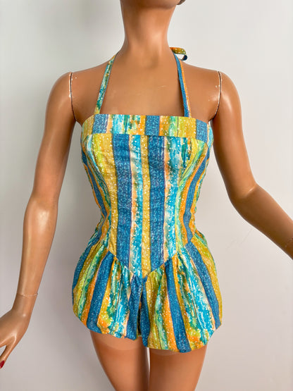 S | NOS 1960s Soleia Halter Swimsuit Cotton Print Puffed Shorts
