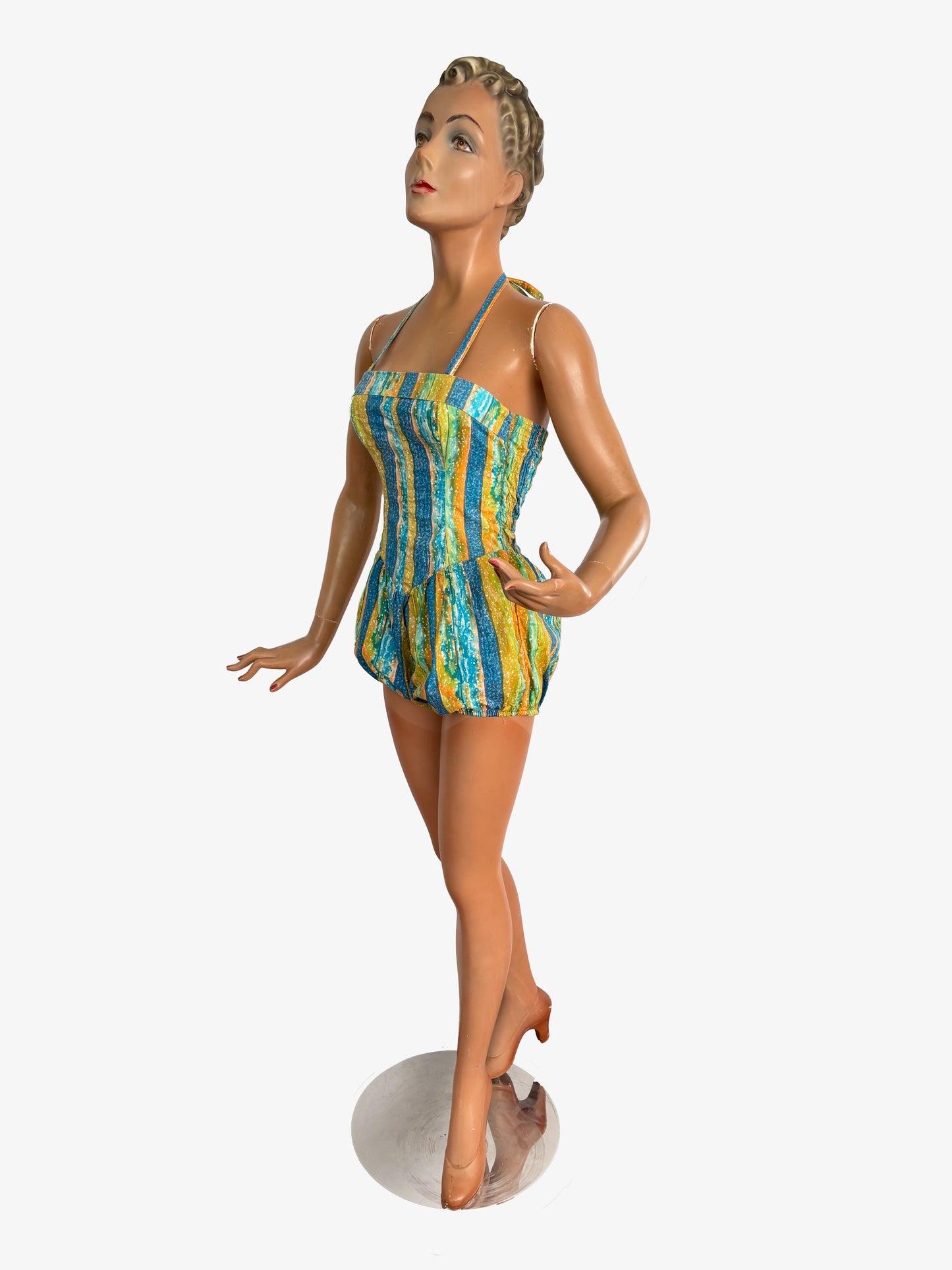 S | NOS 1960s Soleia Halter Swimsuit Cotton Print Puffed Shorts