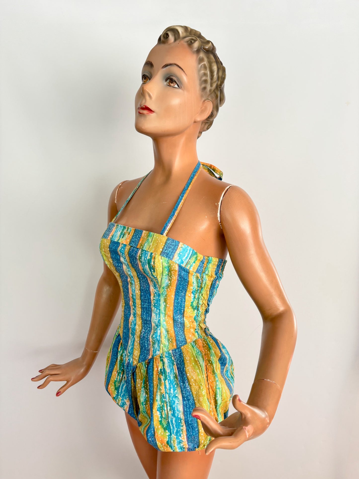 S | NOS 1960s Soleia Halter Swimsuit Cotton Print Puffed Shorts