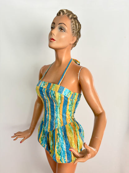 S | NOS 1960s Soleia Halter Swimsuit Cotton Print Puffed Shorts