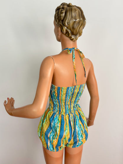 S | NOS 1960s Soleia Halter Swimsuit Cotton Print Puffed Shorts