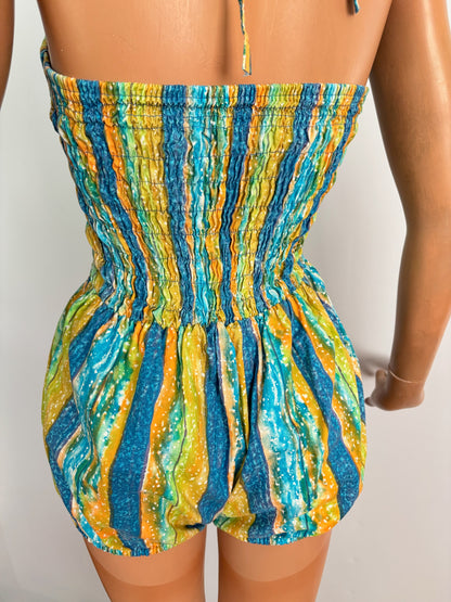 S | NOS 1960s Soleia Halter Swimsuit Cotton Print Puffed Shorts