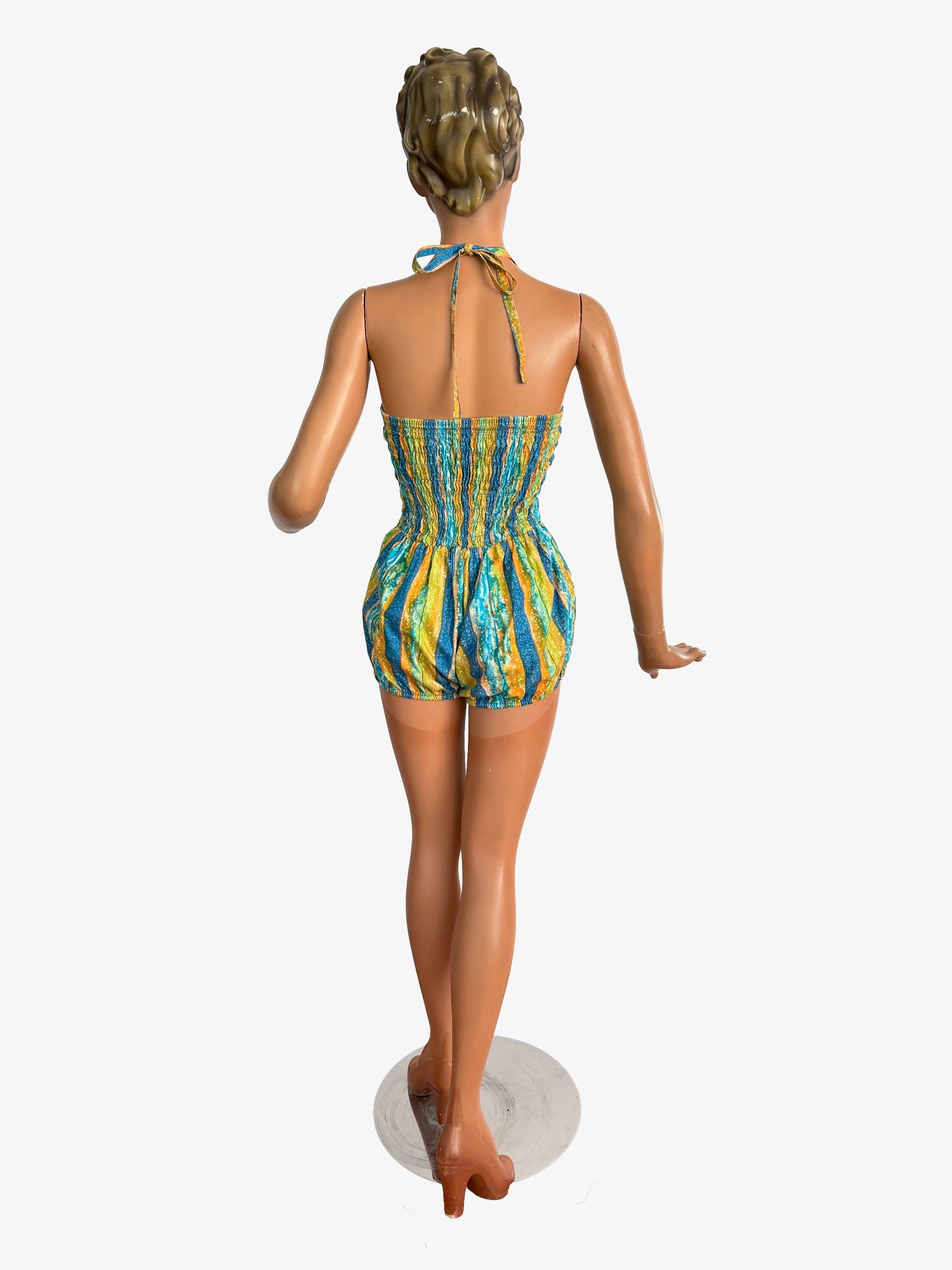 S | NOS 1960s Soleia Halter Swimsuit Cotton Print Puffed Shorts