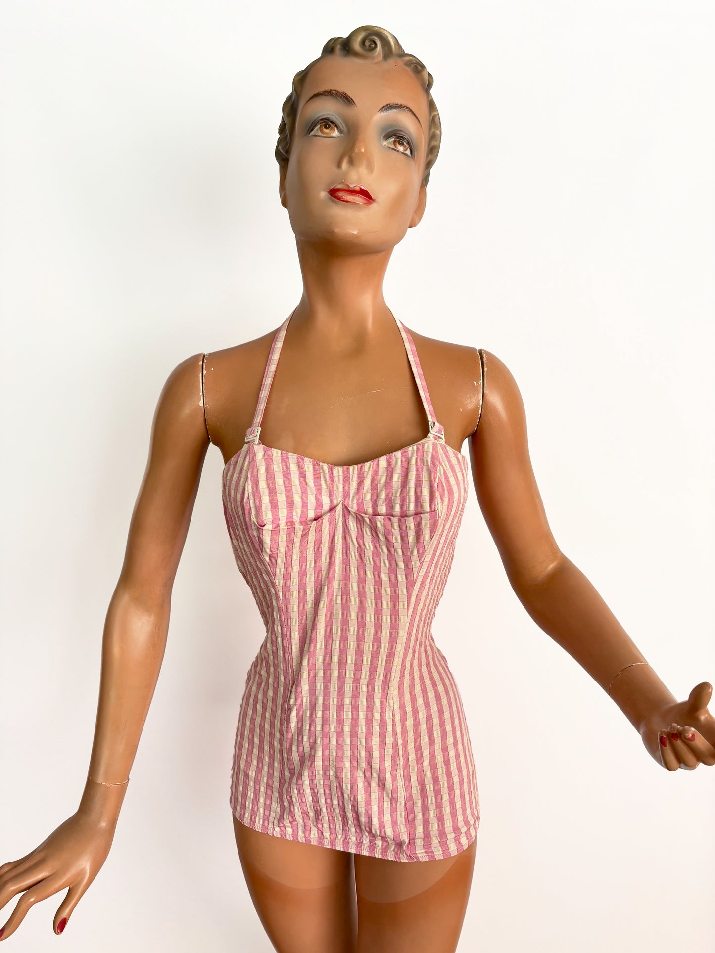S/M | 1950s Tweka Swimsuit Pink Cream Stripe Skirted Bathing Suit