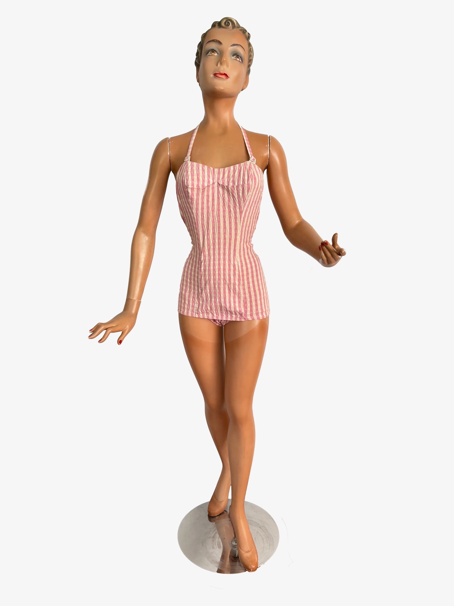 S/M | 1950s Tweka Swimsuit Pink Cream Stripe Skirted Bathing Suit