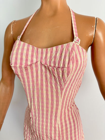 S/M | 1950s Tweka Swimsuit Pink Cream Stripe Skirted Bathing Suit