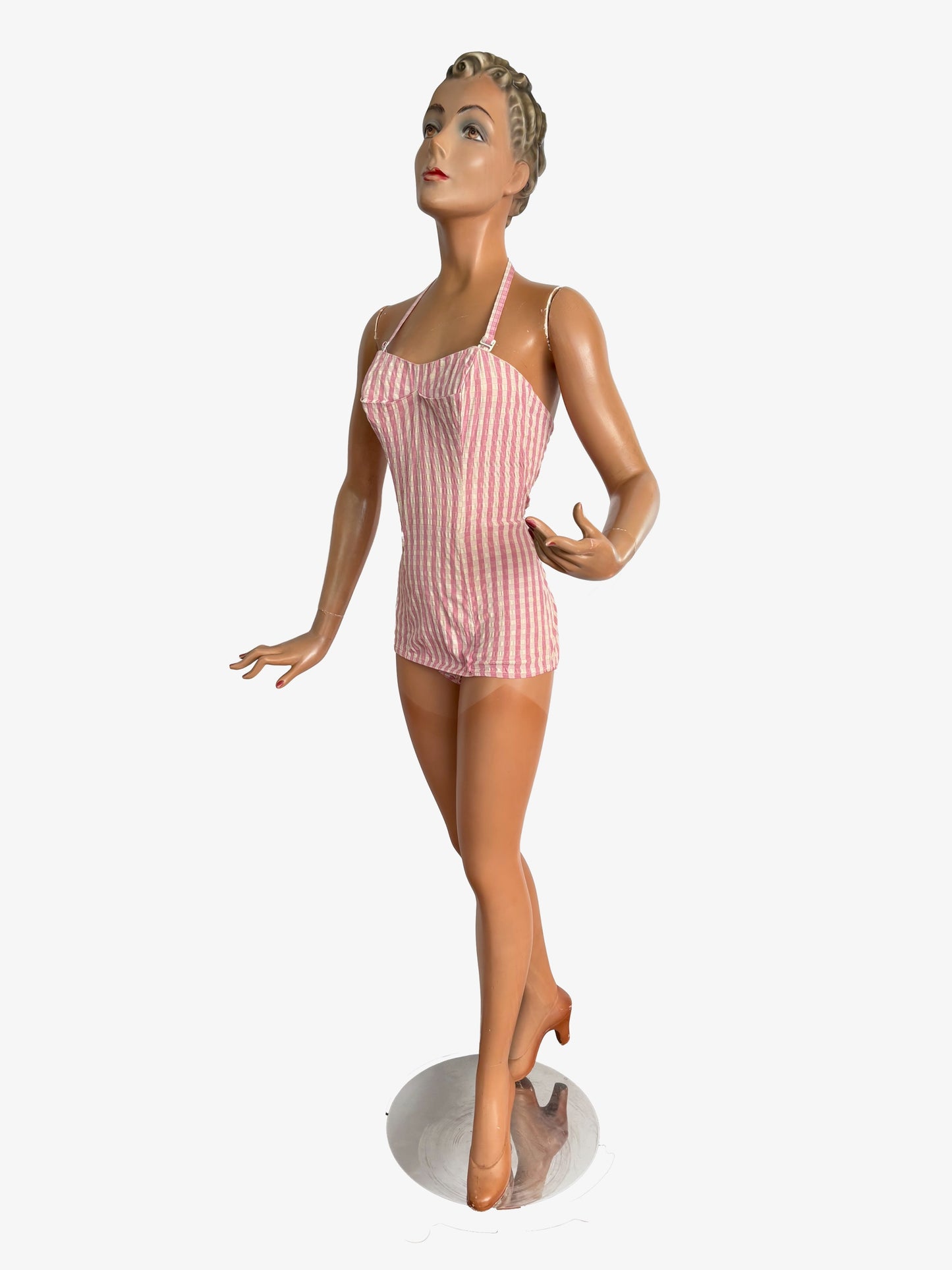 S/M | 1950s Tweka Swimsuit Pink Cream Stripe Skirted Bathing Suit