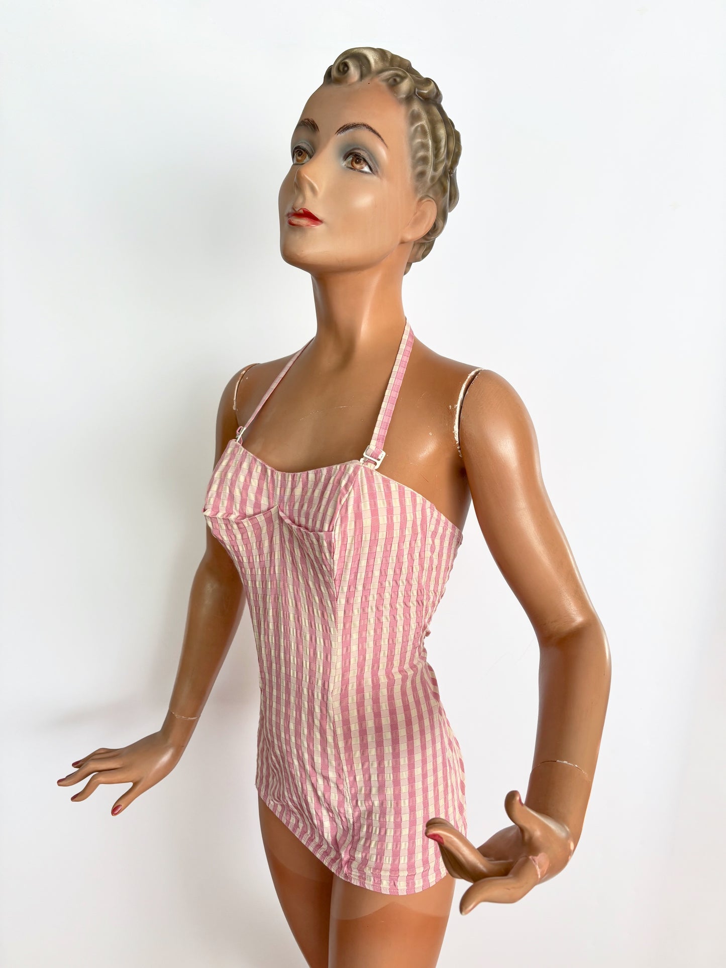 S/M | 1950s Tweka Swimsuit Pink Cream Stripe Skirted Bathing Suit