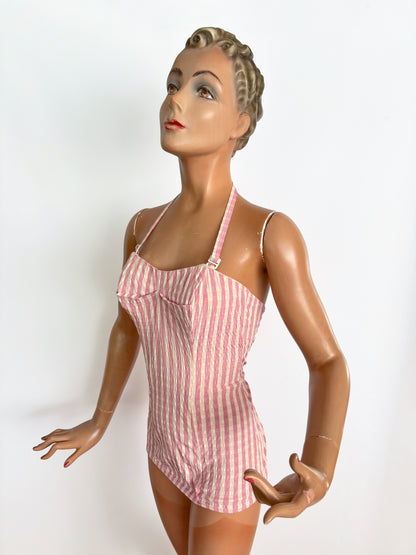 S/M | 1950s Tweka Swimsuit Pink Cream Stripe Skirted Bathing Suit