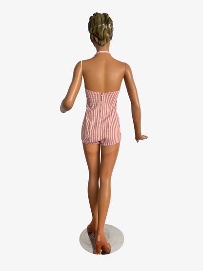 S/M | 1950s Tweka Swimsuit Pink Cream Stripe Skirted Bathing Suit