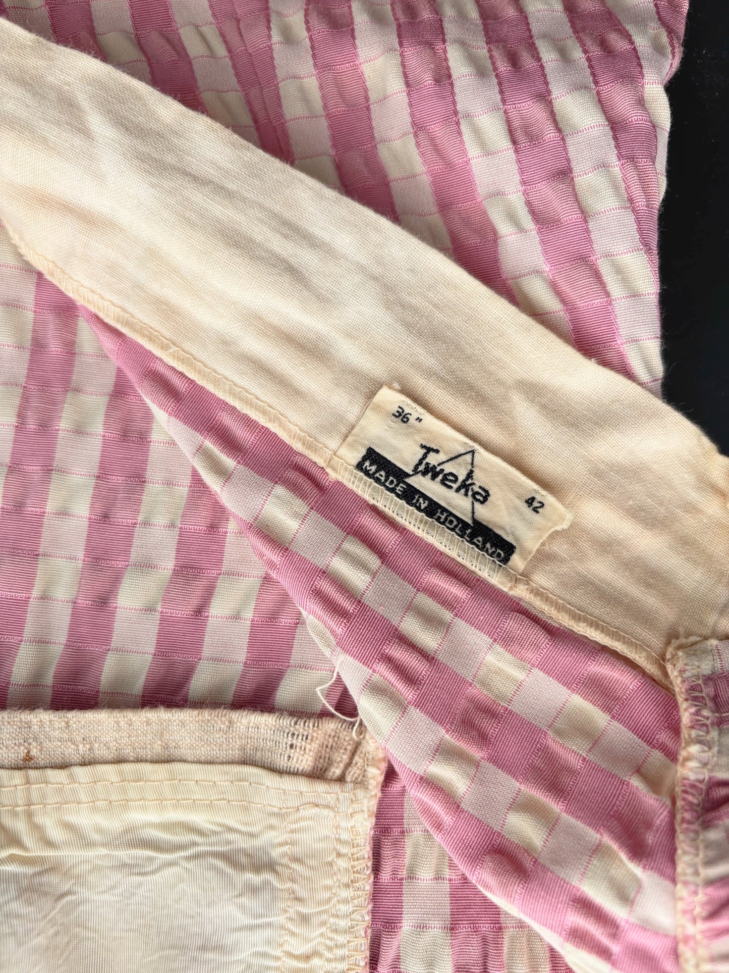 S/M | 1950s Tweka Swimsuit Pink Cream Stripe Skirted Bathing Suit