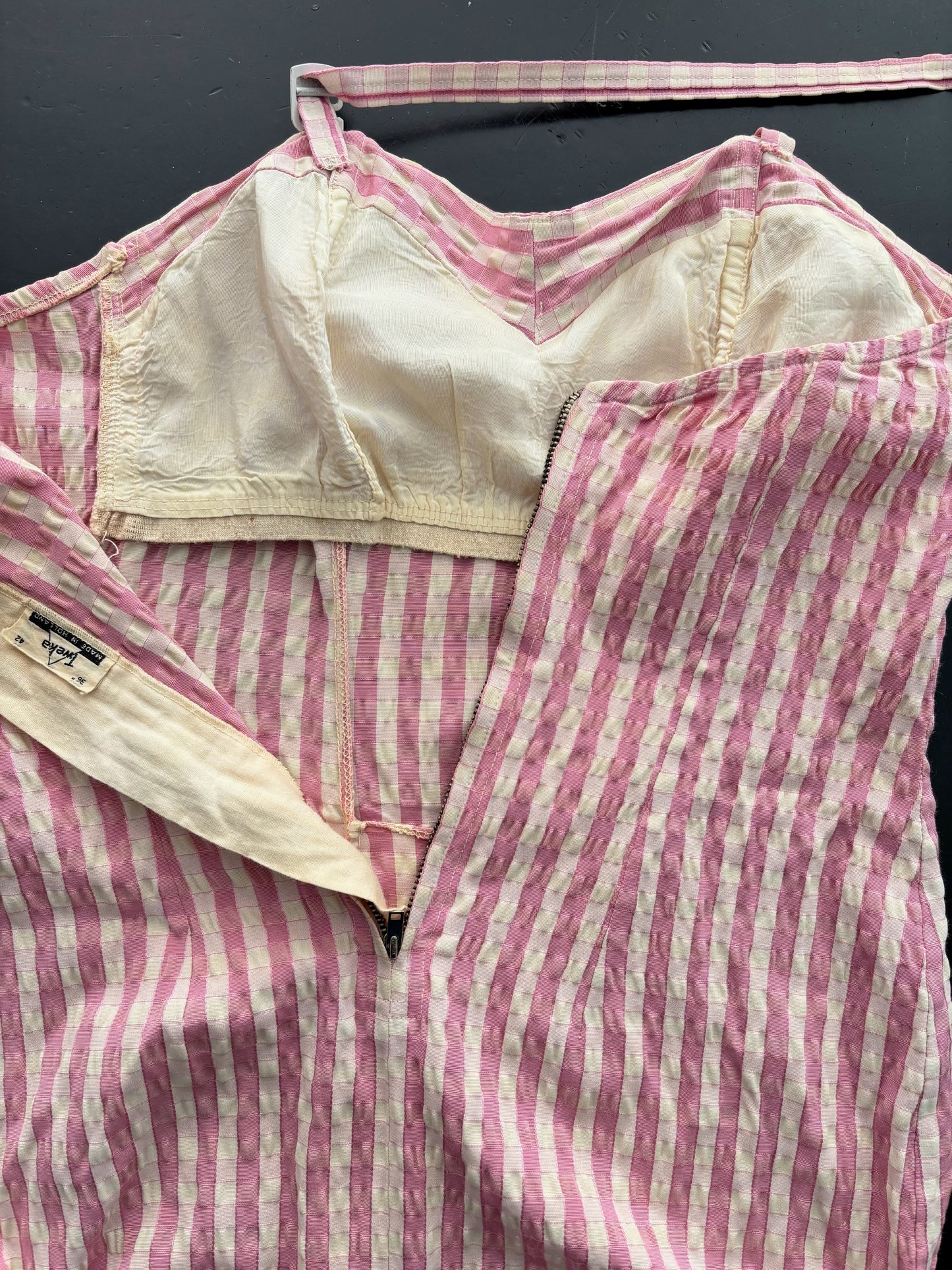 S/M | 1950s Tweka Swimsuit Pink Cream Stripe Skirted Bathing Suit