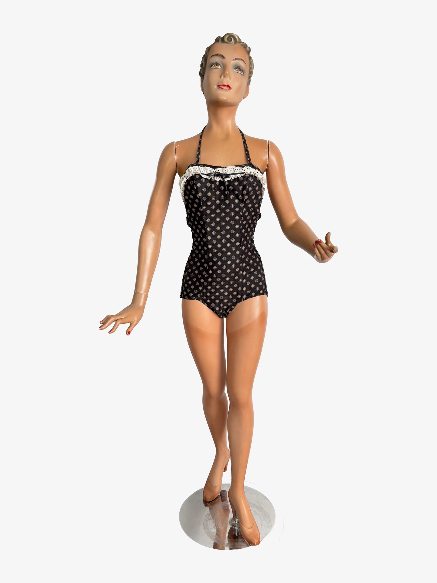 XS | 1960s Tweka Black Cotton Swimsuit Smocked Back