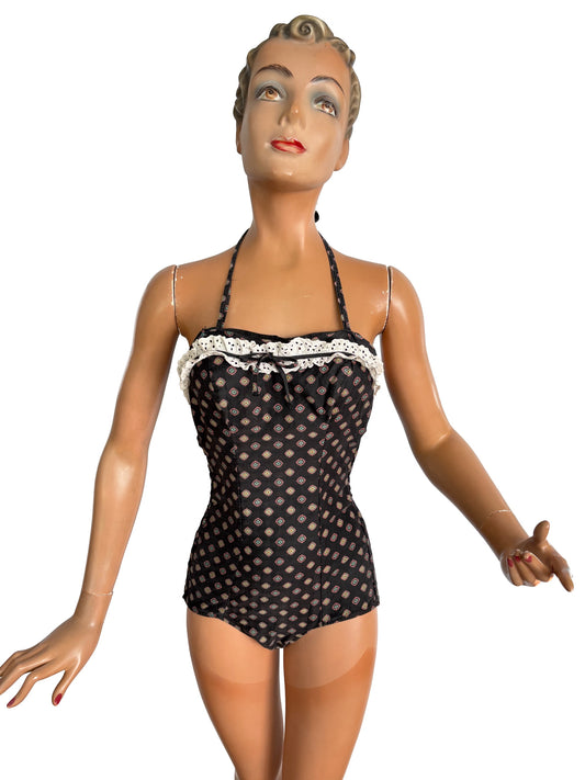 XS | 1960s Tweka Black Cotton Swimsuit Smocked Back