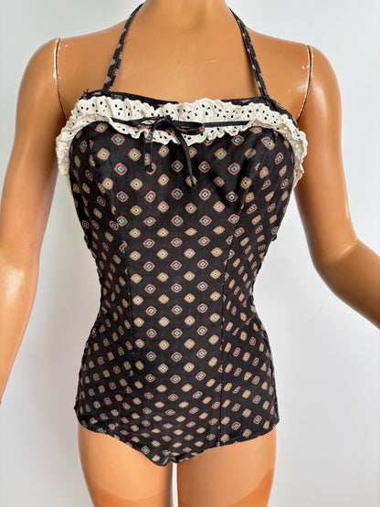 XS | 1960s Tweka Black Cotton Swimsuit Smocked Back