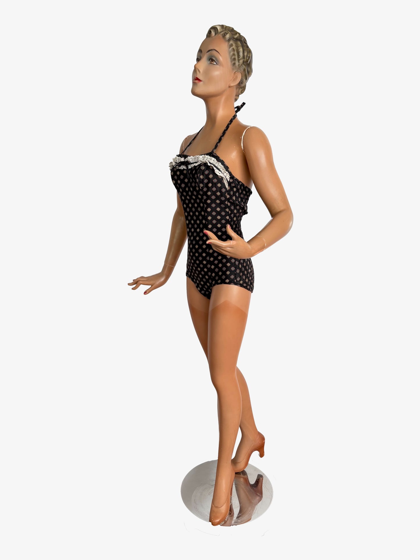 XS | 1960s Tweka Black Cotton Swimsuit Smocked Back