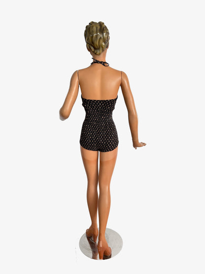 XS | 1960s Tweka Black Cotton Swimsuit Smocked Back