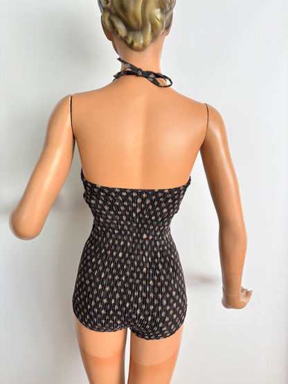 XS | 1960s Tweka Black Cotton Swimsuit Smocked Back