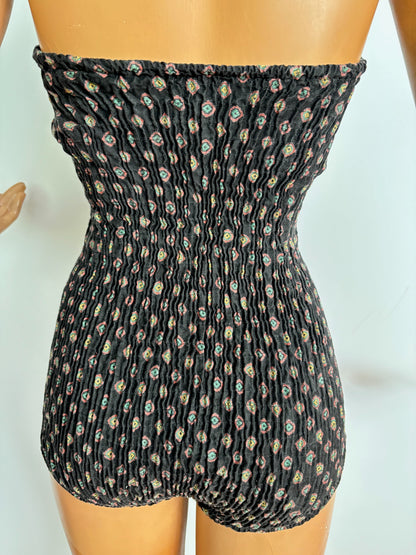 XS | 1960s Tweka Black Cotton Swimsuit Smocked Back