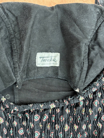 XS | 1960s Tweka Black Cotton Swimsuit Smocked Back