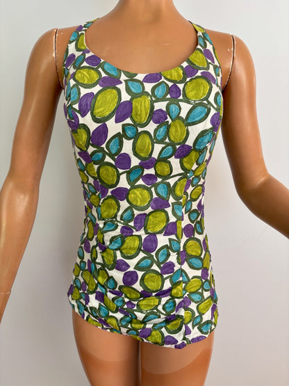 XS/S | 1960s Tricotbest Cotton Graphic Print Swimsuit Smocked Back