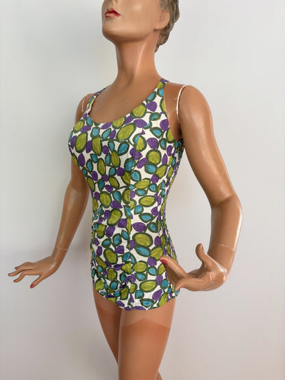 XS/S | 1960s Tricotbest Cotton Graphic Print Swimsuit Smocked Back