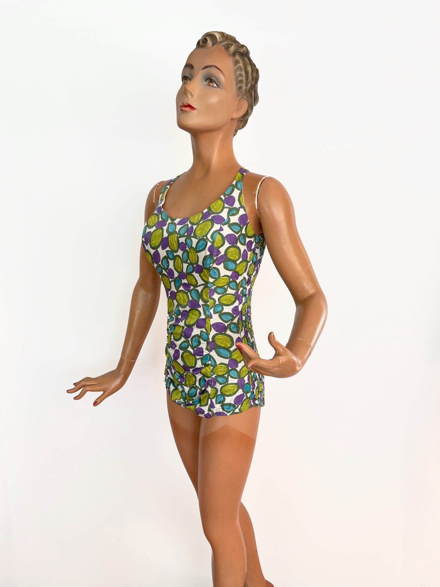 XS/S | 1960s Tricotbest Cotton Graphic Print Swimsuit Smocked Back