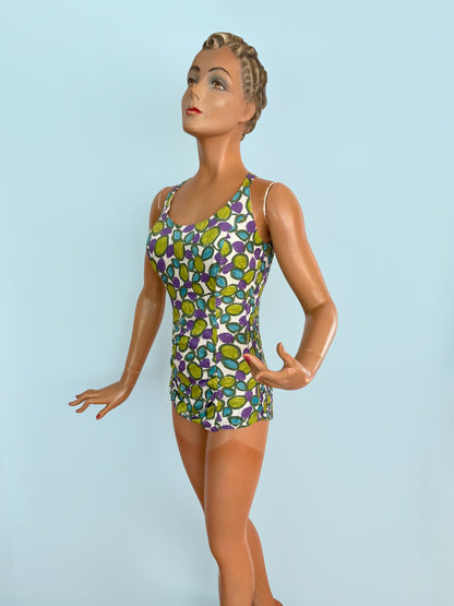 XS/S | 1960s Tricotbest Cotton Graphic Print Swimsuit Smocked Back