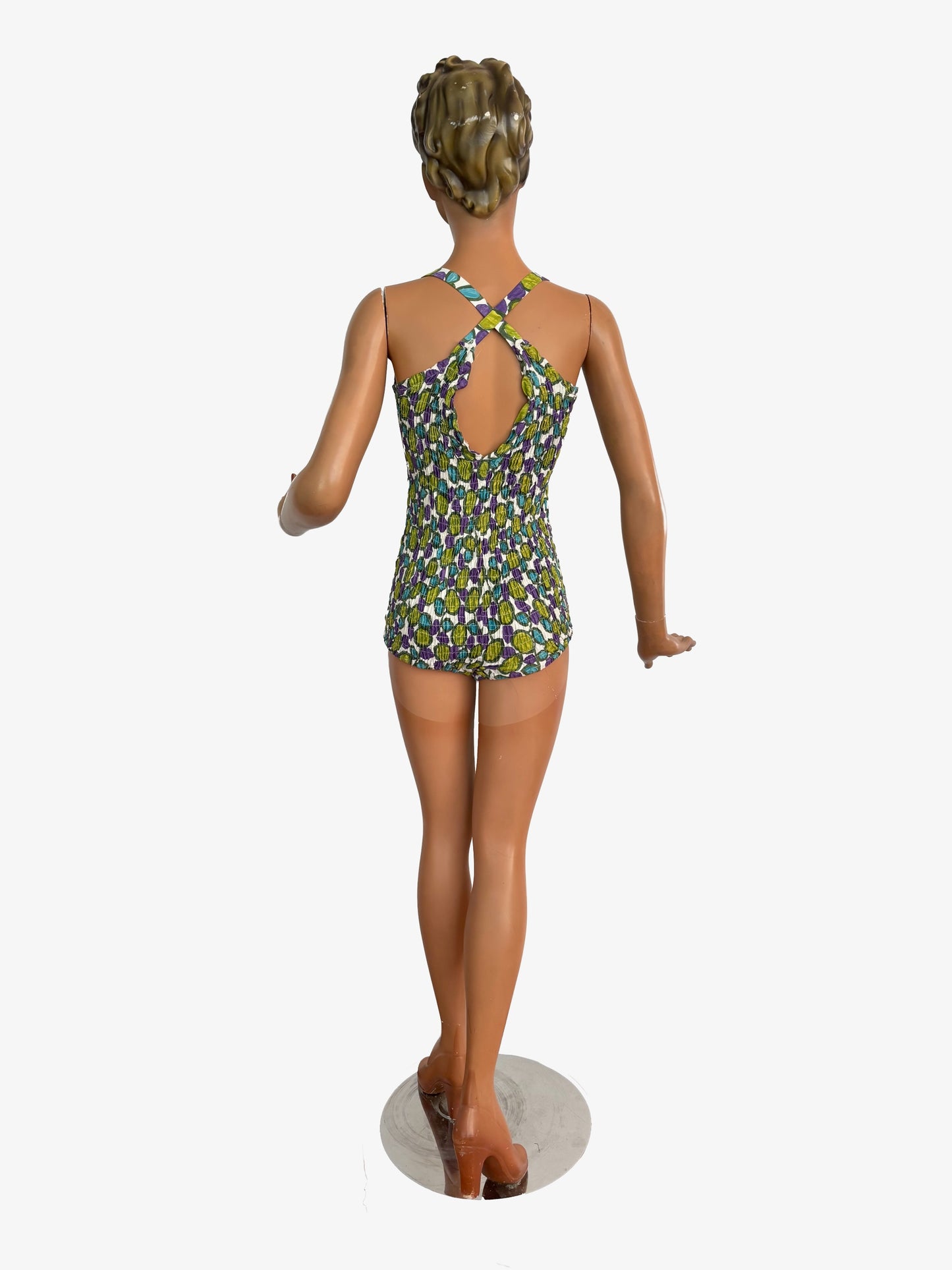 XS/S | 1960s Tricotbest Cotton Graphic Print Swimsuit Smocked Back