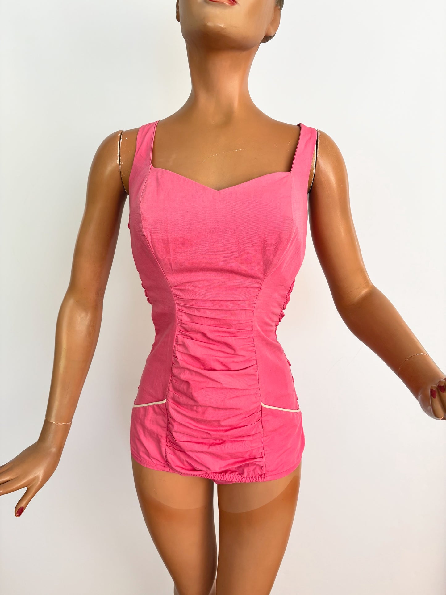 S/M | 1960s Pink Cotton Swimsuit Smocked Back Heinzelmann Orchidee International.
