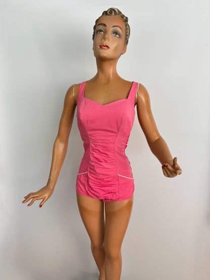 S/M | 1960s Pink Cotton Swimsuit Smocked Back Heinzelmann Orchidee International.