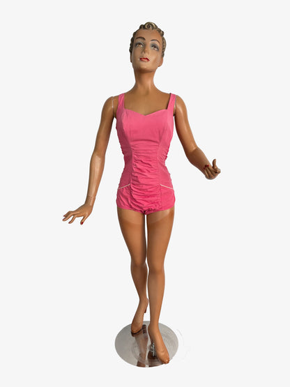 S/M | 1960s Pink Cotton Swimsuit Smocked Back Heinzelmann Orchidee International.