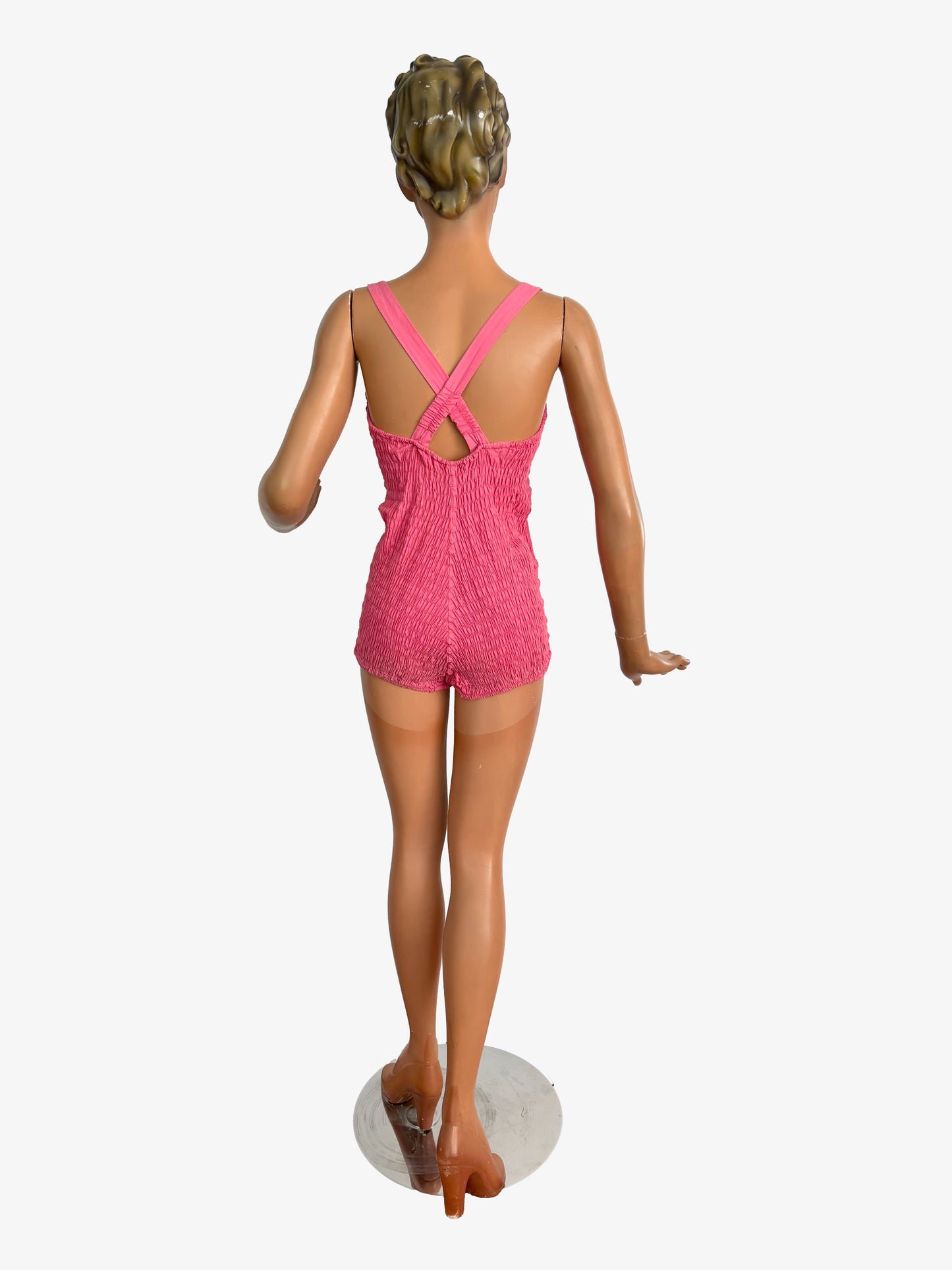 S/M | 1960s Pink Cotton Swimsuit Smocked Back Heinzelmann Orchidee International.