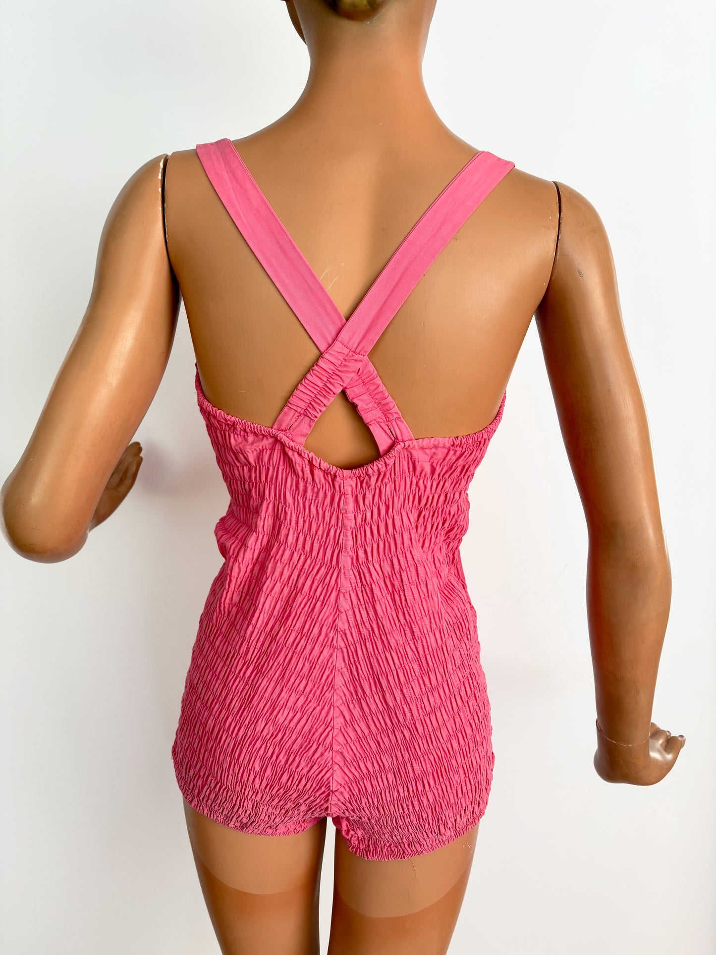 S/M | 1960s Pink Cotton Swimsuit Smocked Back Heinzelmann Orchidee International.