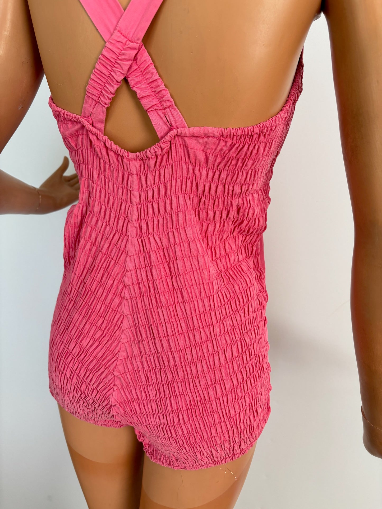 S/M | 1960s Pink Cotton Swimsuit Smocked Back Heinzelmann Orchidee International.