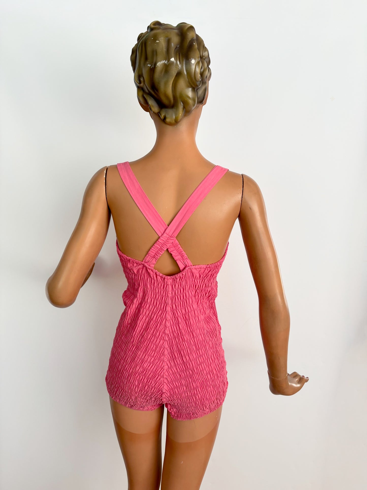 S/M | 1960s Pink Cotton Swimsuit Smocked Back Heinzelmann Orchidee International.