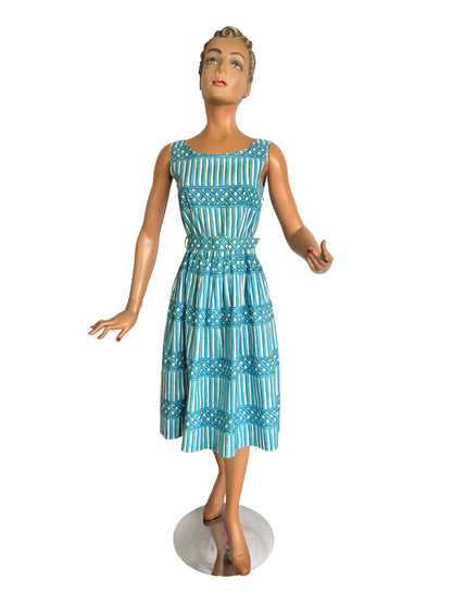 XS | 1950s Blue And White Cotton Poplin Day Dress