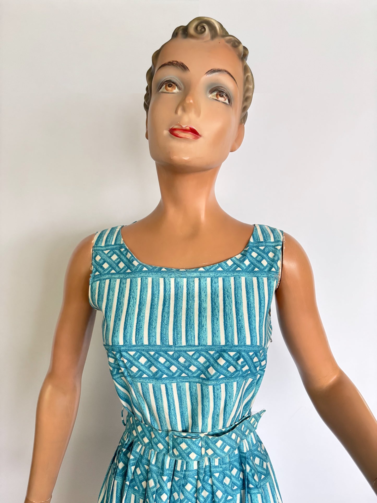 XS | 1950s Blue And White Cotton Poplin Day Dress