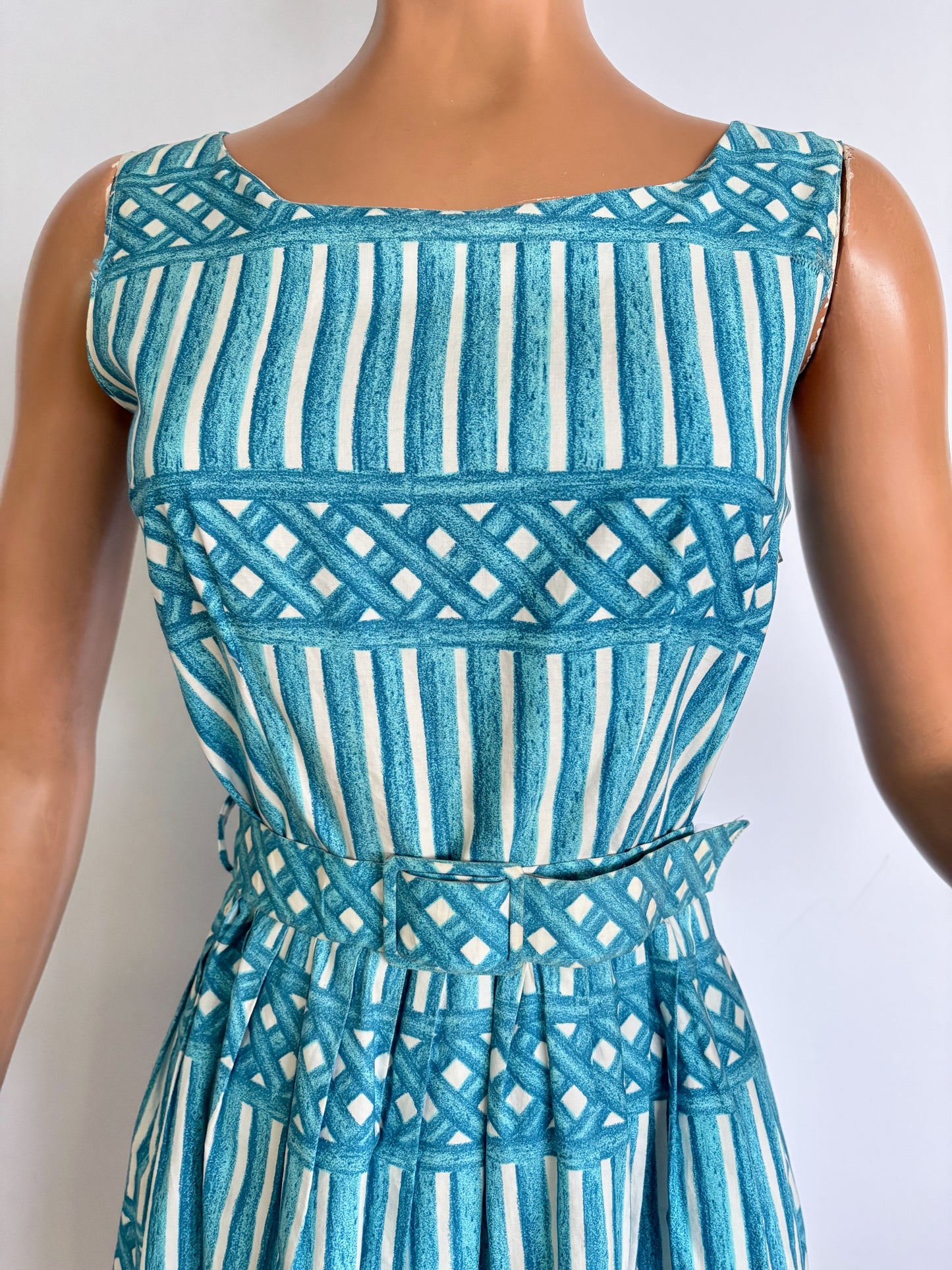 XS | 1950s Blue And White Cotton Poplin Day Dress